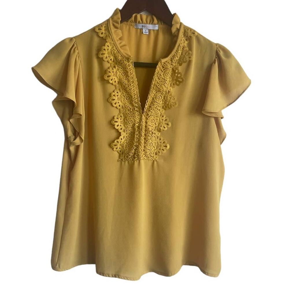 Blashe Women Top S Yellow Short Flutter Sleeve Ruffle Eyelet Collar Cottagecore